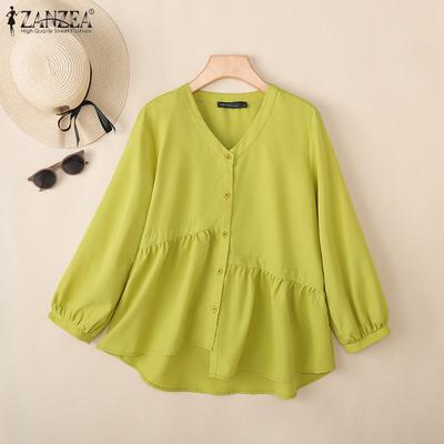 Women Casual V-Neck Solid Color Loose Long Sleeve Blouse