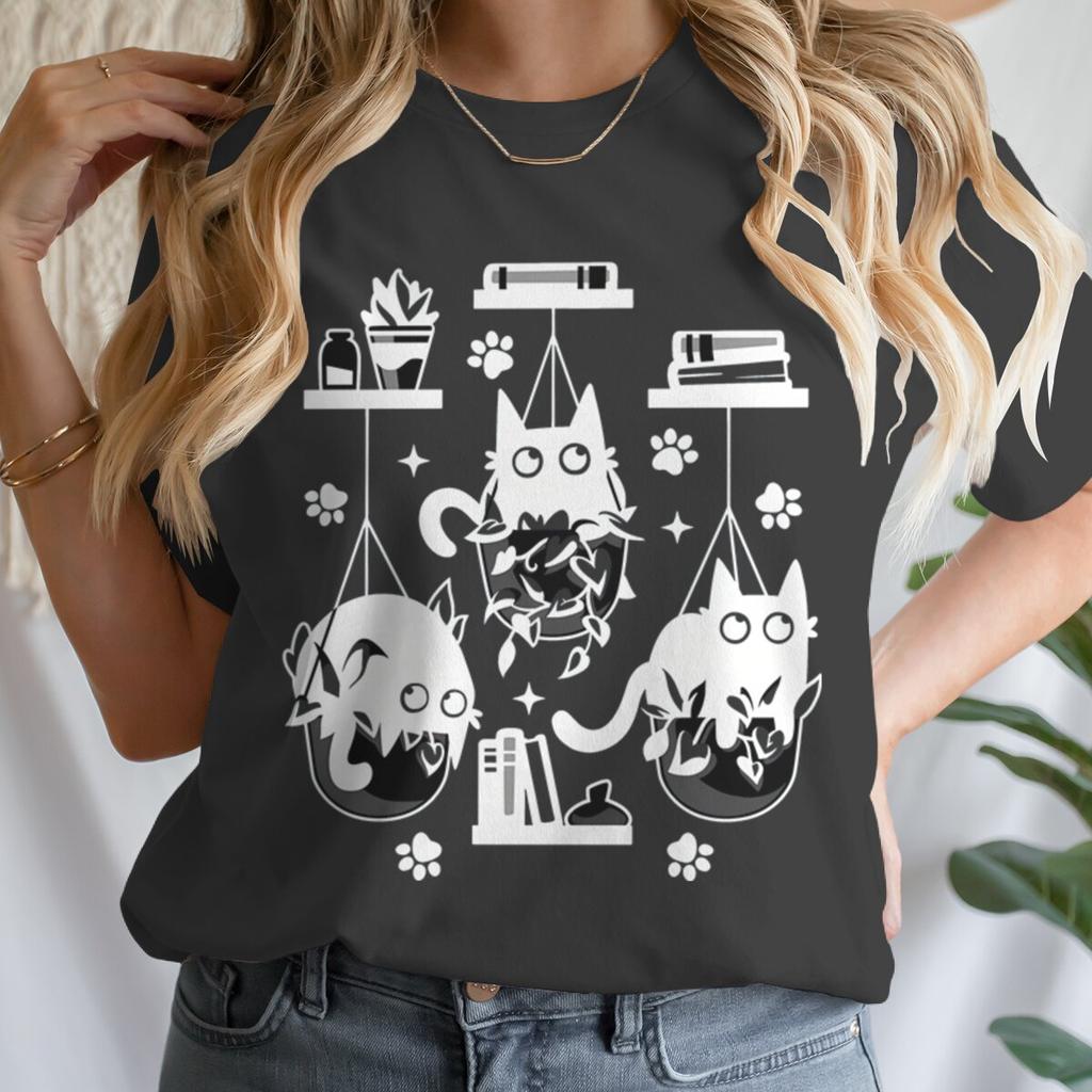 Women T-shirts New Ladies Casual Female Clothes Tops Black Cat Books Print Ladies Tees Tshirt Cartoon Graphic T-Shirt Clothing