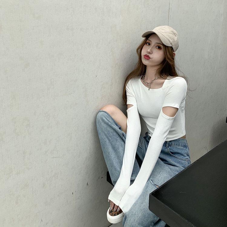 Women's Long Sleeve Slim Fit Casual Top - Pure Color and Versatile with a Round Neck and Hole Detail