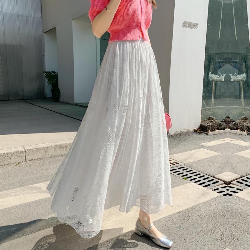 Women's Double-Sided Lace A-Line Pleated Long Flare Skirt for Autumn