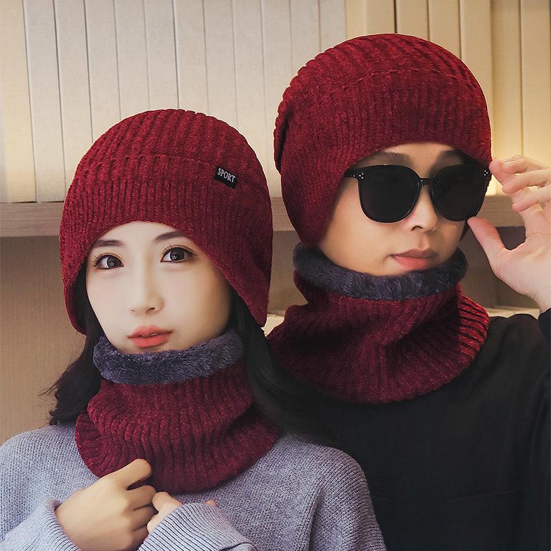 Two-Piece Hat Set Winter Ear Protection Wool Cap for Men Women Cycling Windproof Knitted Velvet Thick Warm Coldproof Neck Cap with Scarf