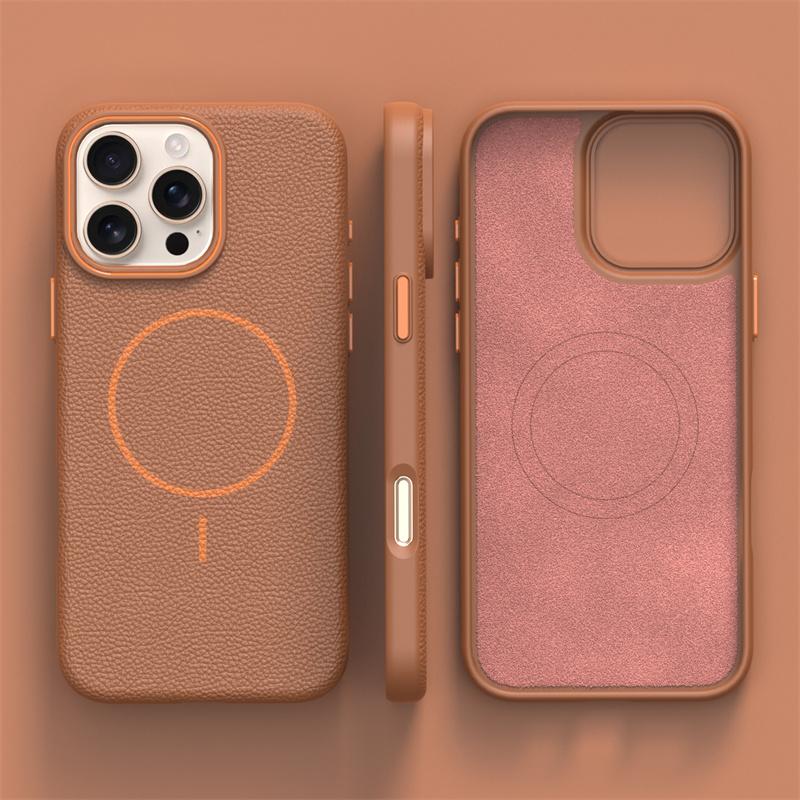 Ultrathin Simple Magsafe Phone Case For Iphone 16 Pro Max 15 Pro 14 13 12 Lichee Pattern Hit Color Lens Wireless Charging Cover