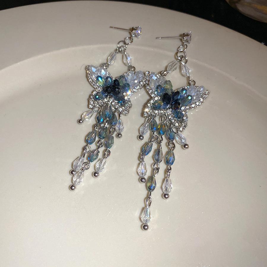 Silver needle butterfly fringed earrings French personality fashion ethnic style versatile earrings niche high-end earrings