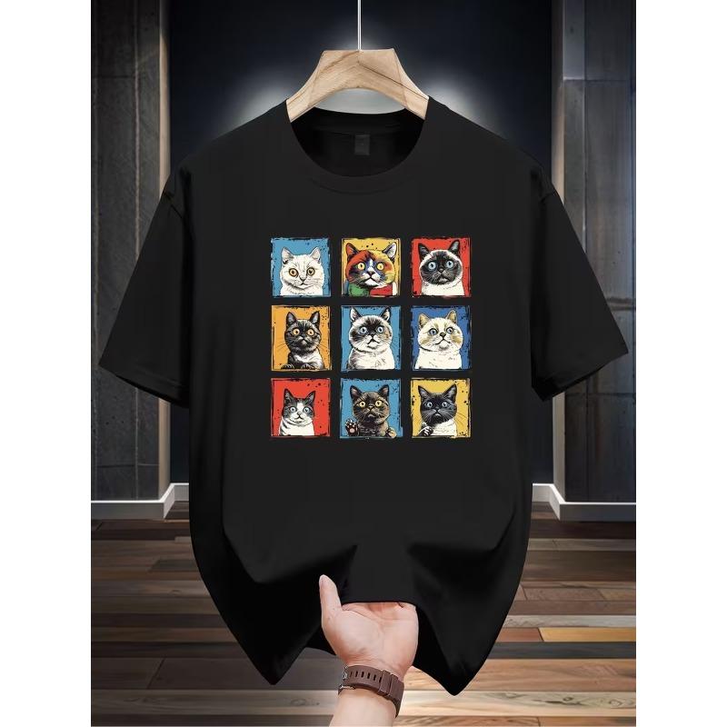 Men's Casual T-Shirt with Cartoon Cat Graphic - Short Sleeve, Round Neck, Lightweight & Breathable Summer Tee in Black with Colorful Cat Designs
