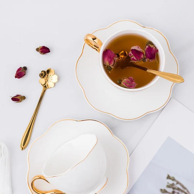 200ml White Ceramic Coffee Cup Gold Inlay Bone China Tea Cup Saucer Spoon Set Advanced Porcelain Teacup Party Teatime Drinkwar