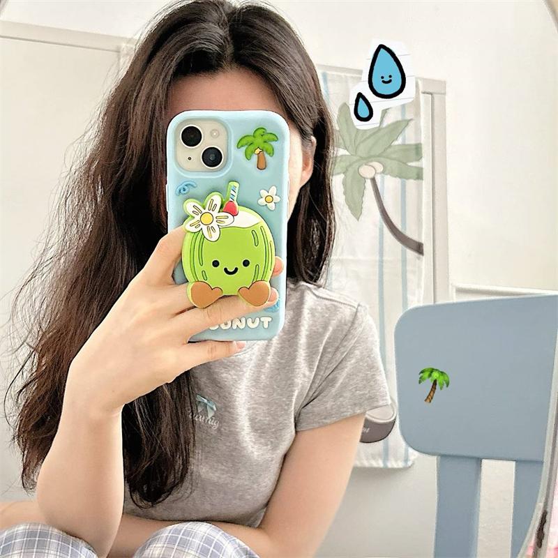 3D Милый держатель в виде кокосовой пальмы Чехол для телефона для iPhone 16 15 14 13 12 Pro Max Мягкая силиконовая крышка