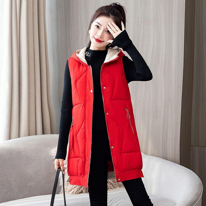 Autumn and Winter Women's Solid Color Hooded Warm and Windproof Mid-length Women's Sleeveless Jacket 9 Colors