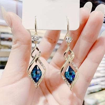 1pair Long Rhombus Blue Glass Earrings, Trendy Fashion Temperament Celebrity High-end Earrings