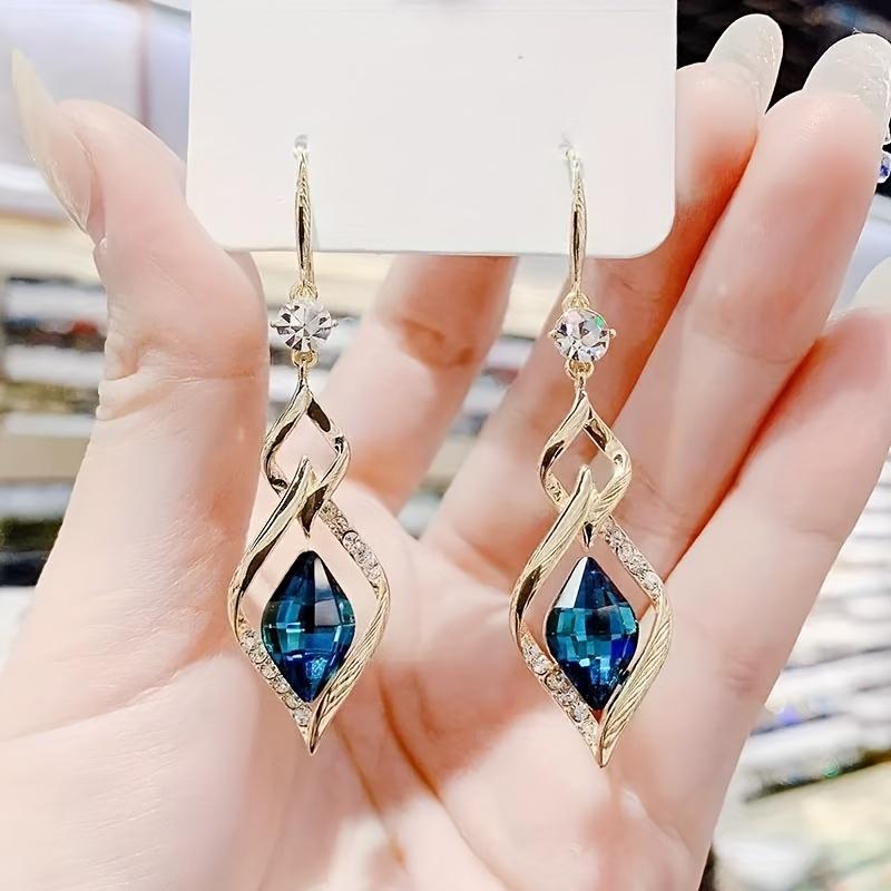 1pair Long Rhombus Blue Glass Earrings, Trendy Fashion Temperament Celebrity High-end Earrings
