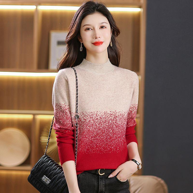 Women's Crew Neck Sweater Autumn and Winter Gradient Knit Pullover Loose Thick Knit Top