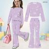 Girls Black Blue Printed Round Neck Long Sleeve Top Flared Pants Two Piece Set