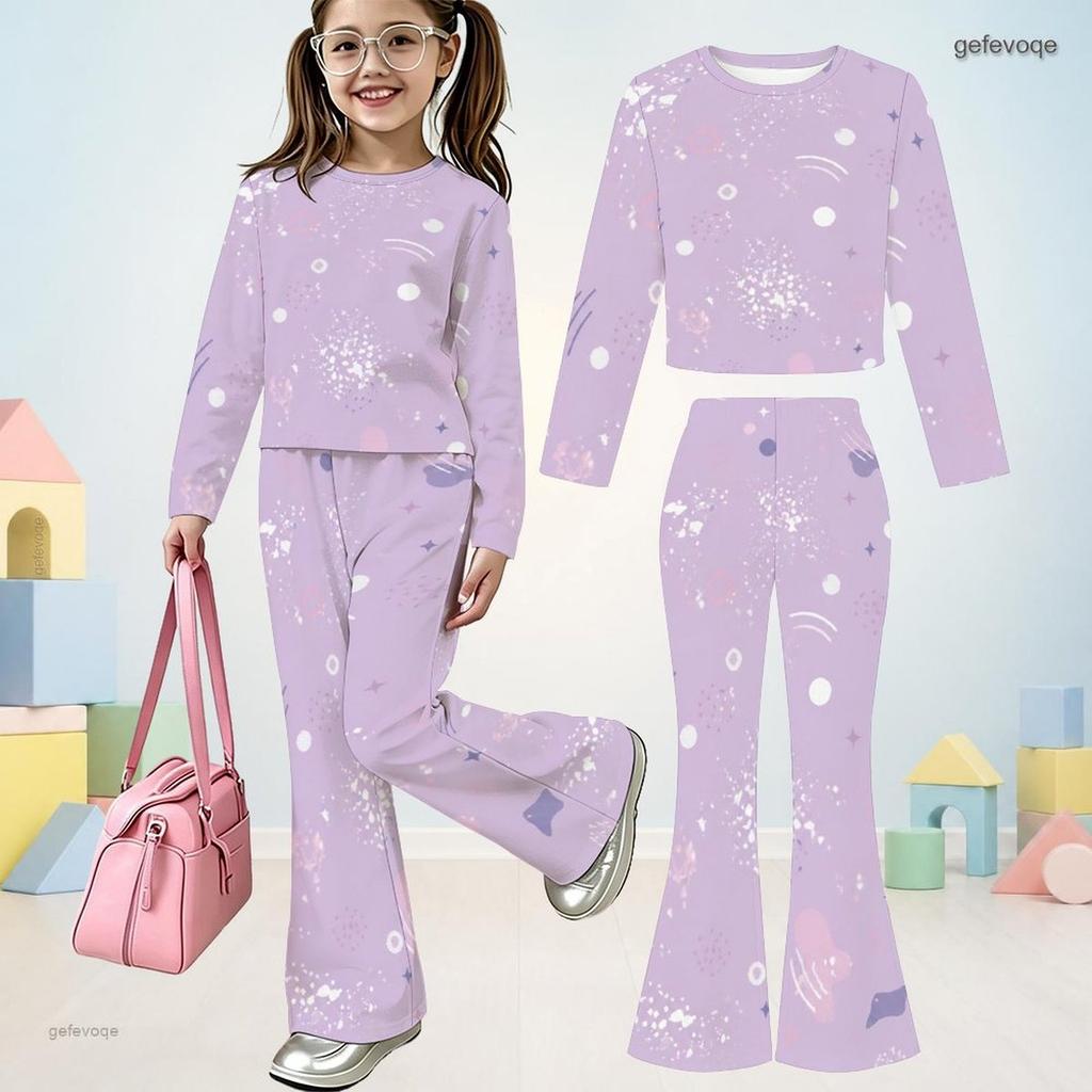 Girls Black Blue Printed Round Neck Long Sleeve Top Flared Pants Two Piece Set
