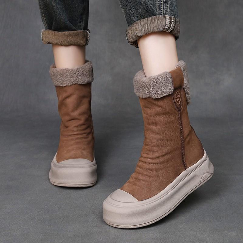 Johnature Genuine Leather Warm Plush Mid-calf Boots Casual Thick Soled Side Zipper Women's Boots