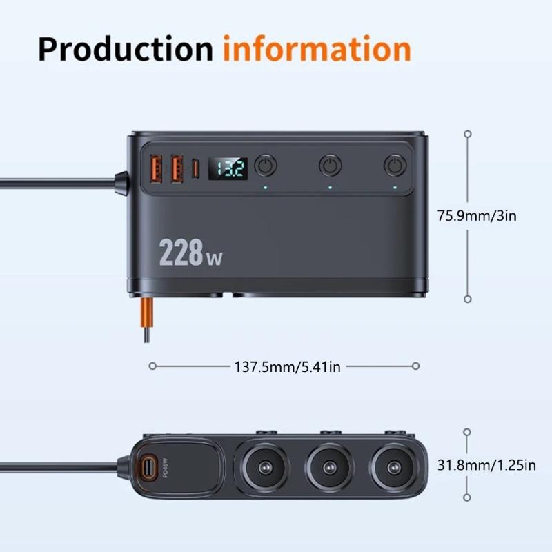 Car Chargers Splitter for Simultaneous Charging 228W Output QC3.0 PD45W with Telescoping USB C Cable LED Battery Monitor