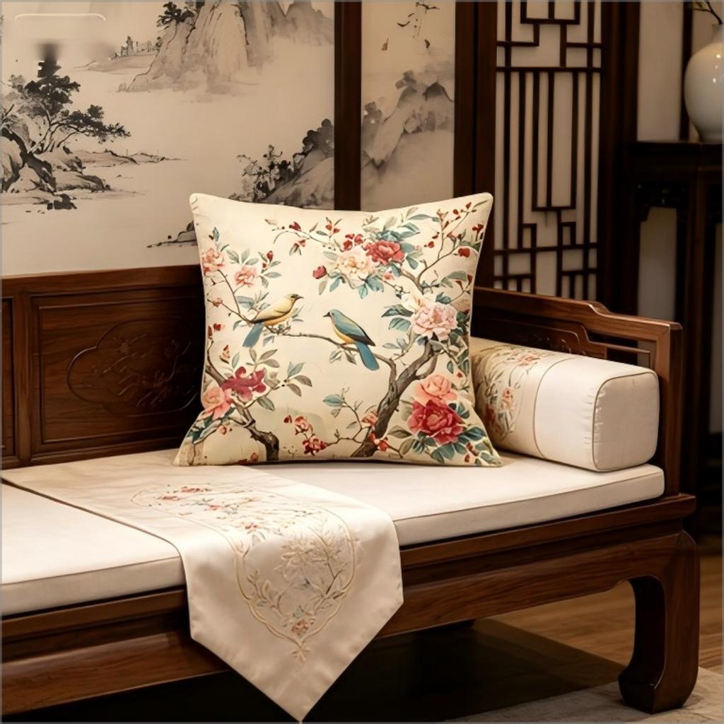 Vintage Chinoiserie Bird And Flower Throw Pillow Cover, Retro Botanical Floral Print Decorative Cushion For Bedroom Sofa Couch