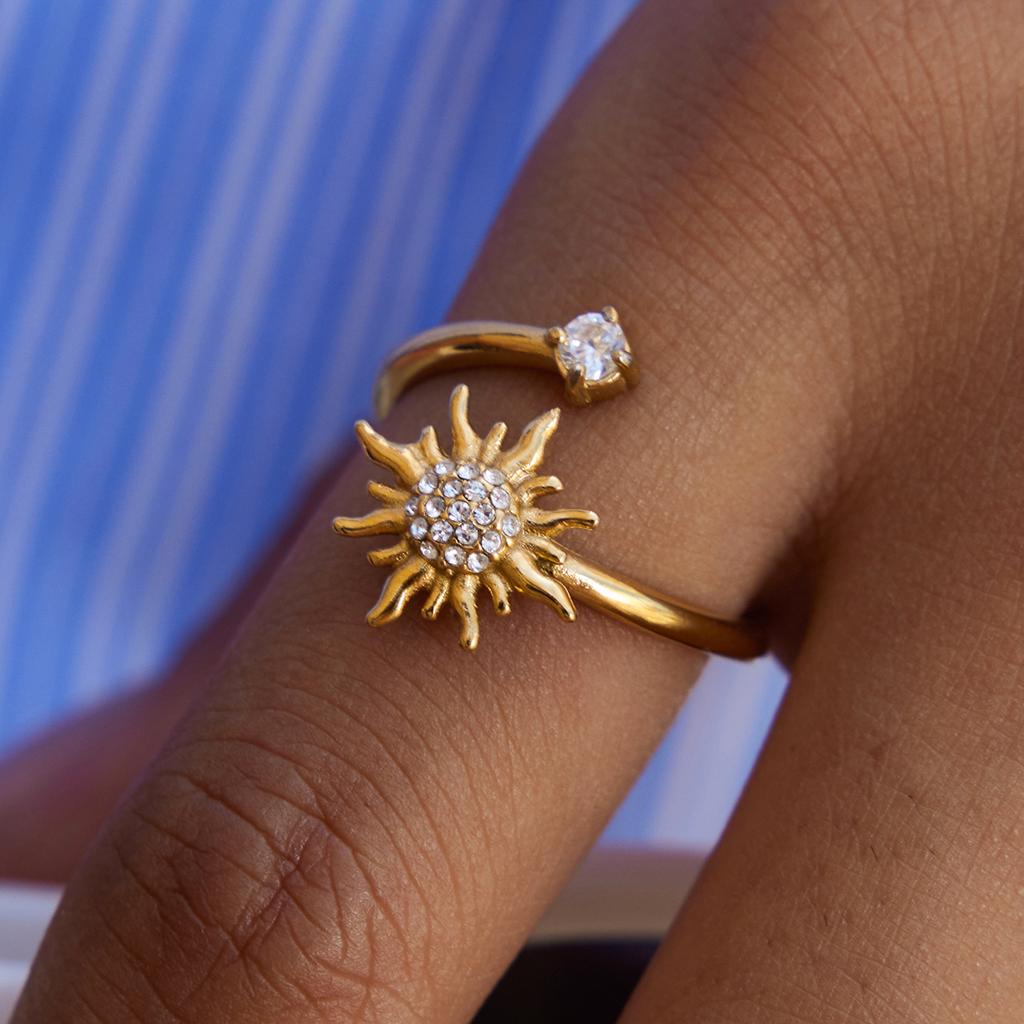 Youthway Fashion White Zirconia Sun Open Ring Stainless Steel 18k Gold Color - Plated Women's Ring Suitable for Everyday Wear