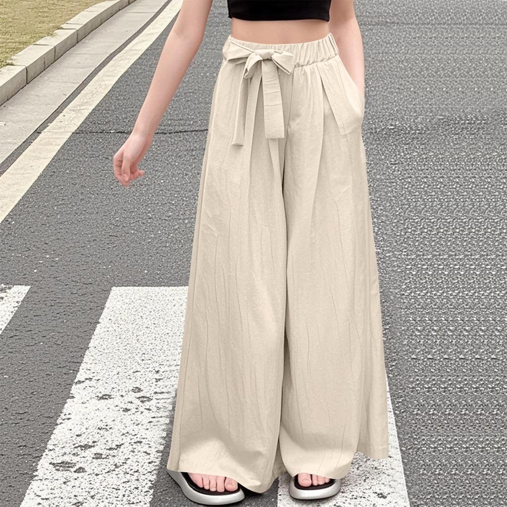 Summer Solid-color Ice Silk Wide-leg Pants, Casual Straight-leg Pants For Middle-aged Children