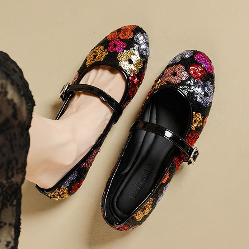 Fashion Designer Paillette Flower Ballets Shoes Ladies Belt Buckle Mary Janes Woman Soft Soled Flats Loafers Traf Gold Ballerinas Femme