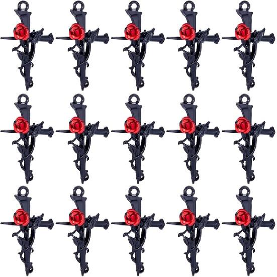 SUNNYCLUE 1 Box 30Pcs Rose Cross Charm Gothic Style Black Crosses Red Rose Flower Beads Easter Cross Charm Thistles Thorns Fancy Crucifix Charms for