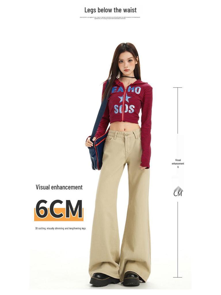 Damen Khaki Micro-Flared Jeans: Locker, Figurbetont, Gerades Bein, High Street Style für den Herbst