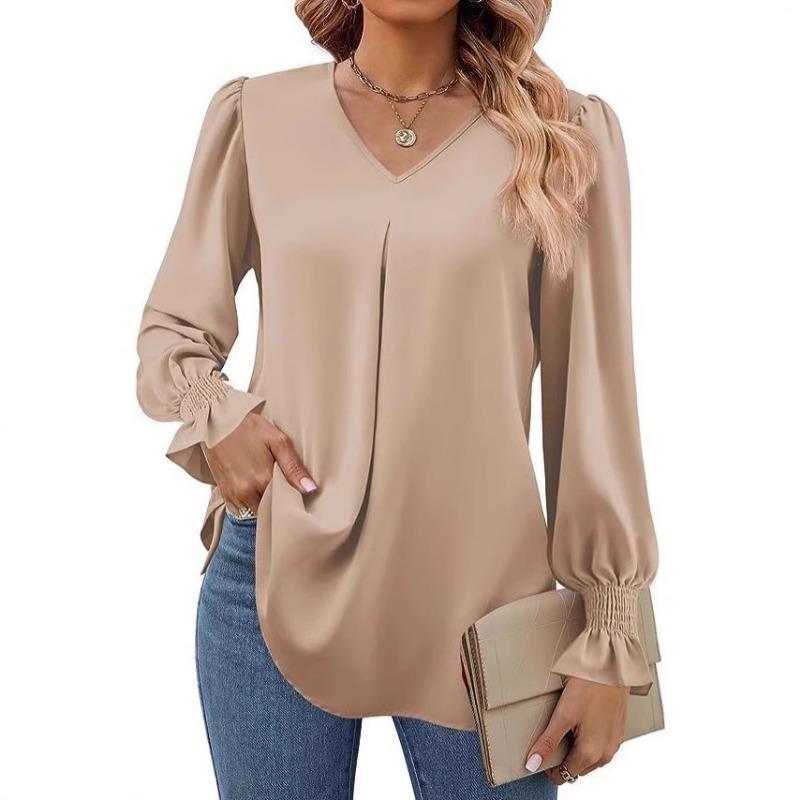 Damen Einfarbig Chiffon Pullover V-Ausschnitt Pullover Ausgestellt Langarm Bluse Bluse