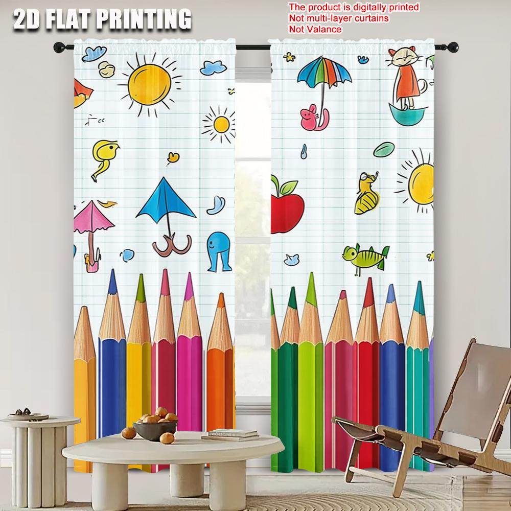 2pcs   Spring Summer Curtains Colorful Drawing Pencils Doodle Light Filtering Sheer Curtains Polyester Easy Install Decorations