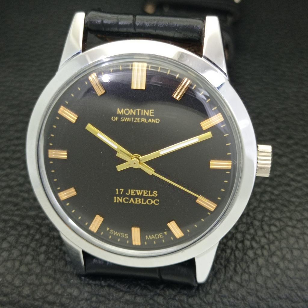 SWISS VINTAGE MONTINE HAND-WINDING MENS REFURBISHED BLACK DIAL WATCH a441065-1