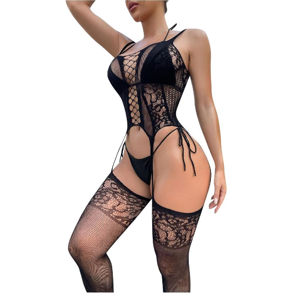 Women Sexy Lingerie Fishnet Bodystocking Babydoll Chemise Halter Nightwear Mini Teddy See Through Lace Body Stockings