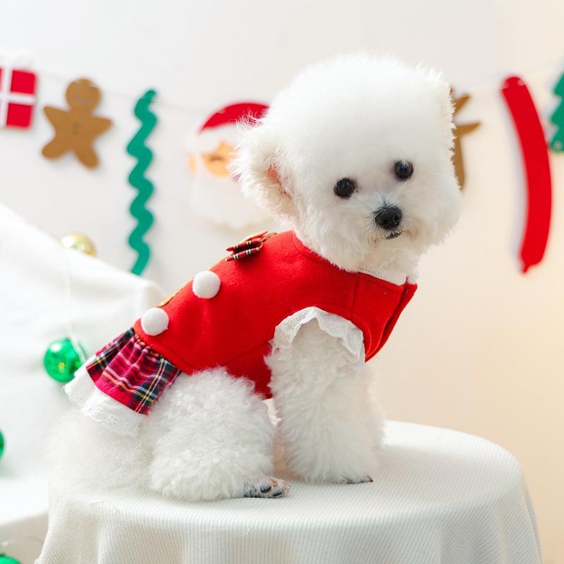 Autumn and Winter Festival Pet Cute Puppy Kitten Casual Fashion Clothing Gingerbread Man Red Plaid Skirt