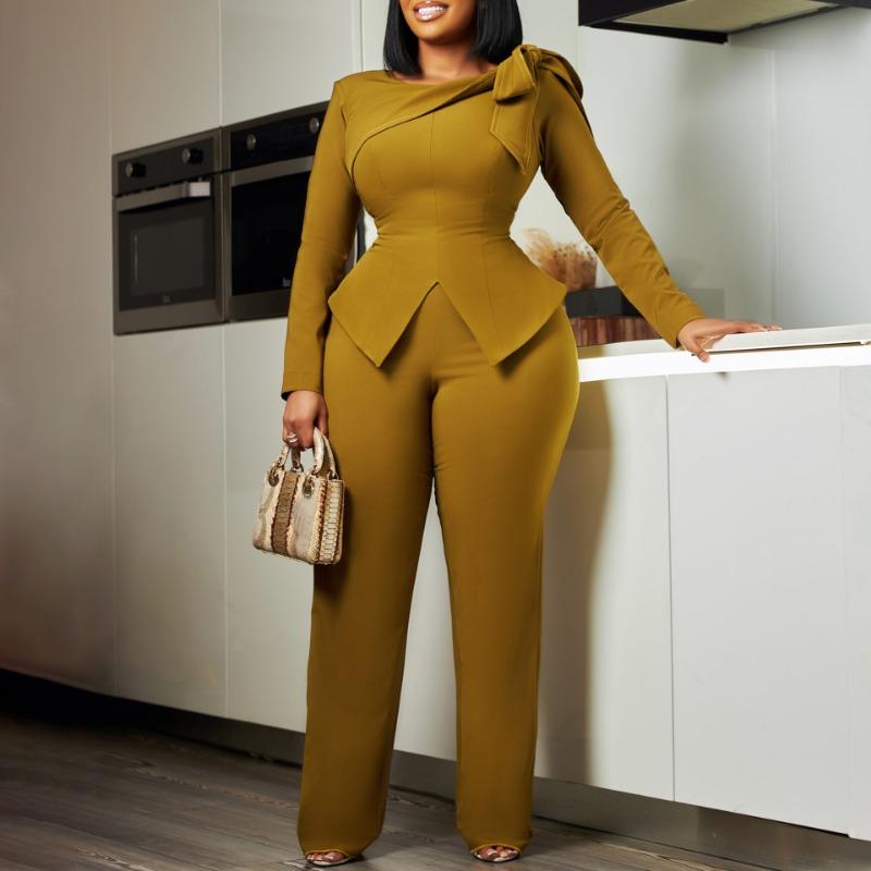 Damen Plus Size New Fashion Temperament Einfarbig Langarm Top Hosen Set