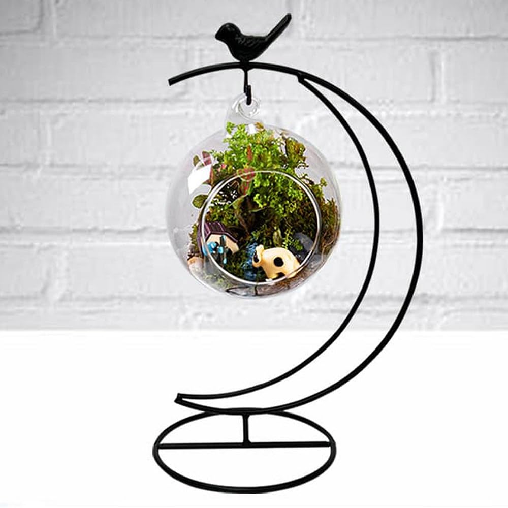 Moin Moin Hanging Stand, Iron, Moon Shape, Bird, Small Bird, Black Iron, Terrarium Hanger, Hanging Hook, Interior Decor  Height 35cm, Base Width 15cm
