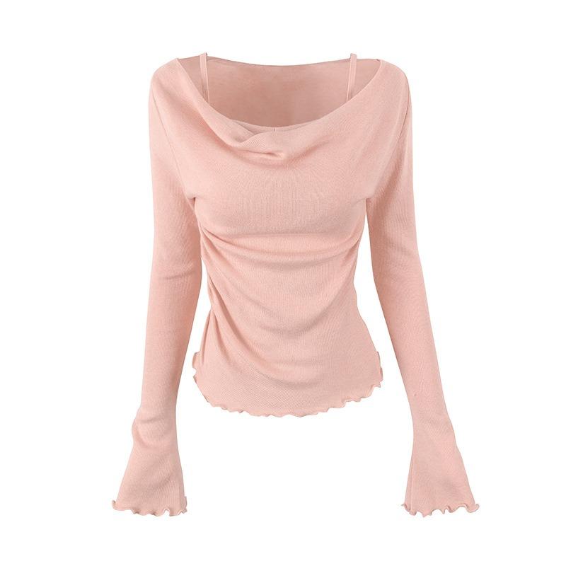 

Весенне-летняя новая нежная и расслабленная трикотажная рубашка с длинным рукавом и низом в стиле «два в одном» с вырезом-качелькой One size fits all [recommended 80-60kg] розовый