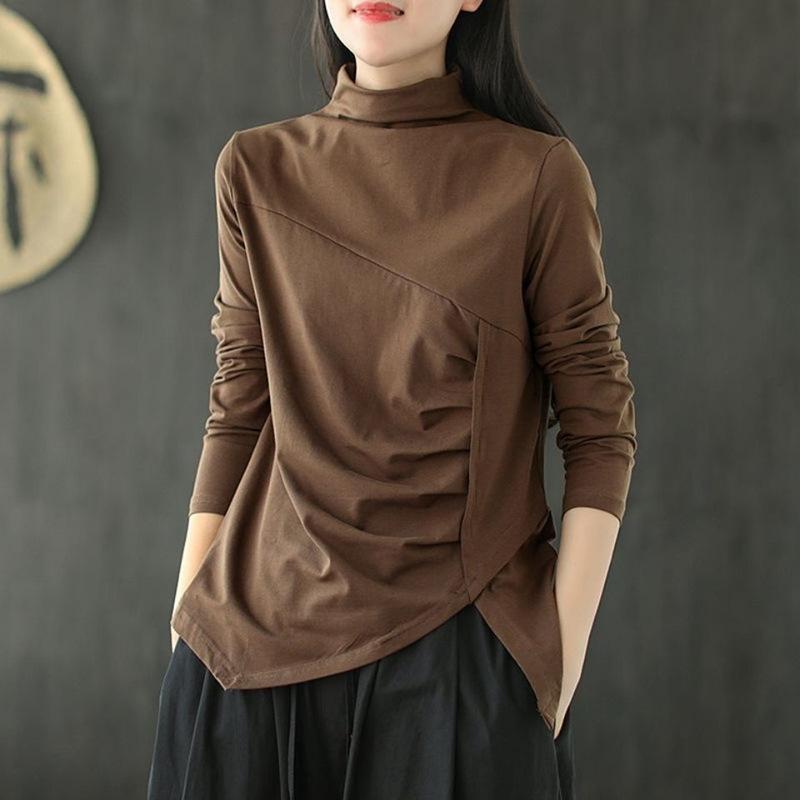 Literary Retro T-shirt for Women, Small Turtleneck, Irregular Pleated Bottoming Shirt, Versatile Temperament, Slimming Top