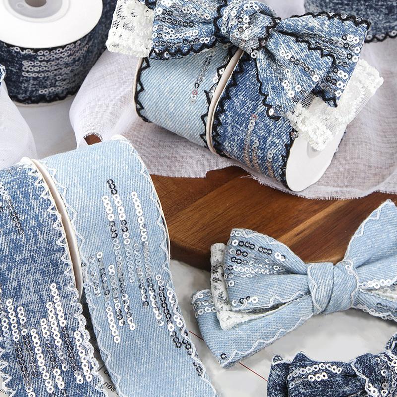 4cmx10Yards Denim Shiny Sequin Tassel Design Gift Wrapping DIY Materials Scrapbooking 1 Roll
