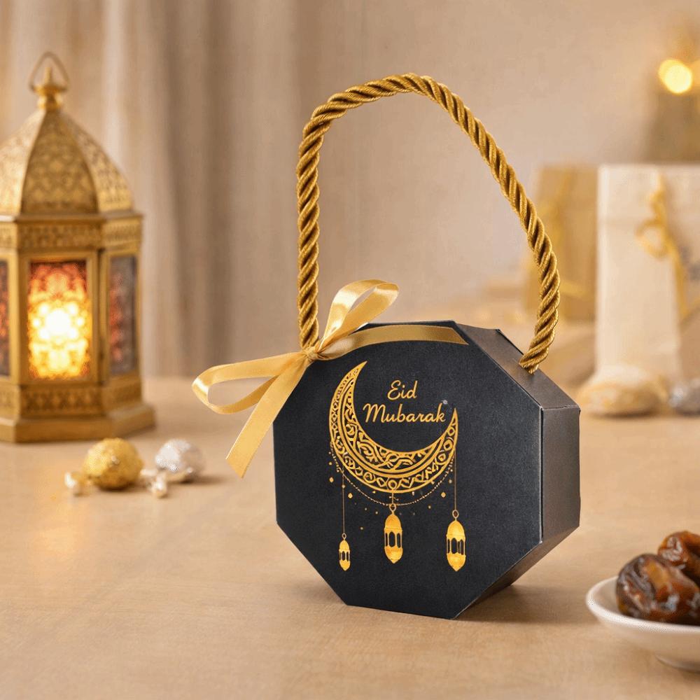 10Pcs Satin Ribbon Bow Eid and Ramadan Gift Boxes Gold Stamping Portable Eid Gift Box Simple DIY Gift Packaging Bags