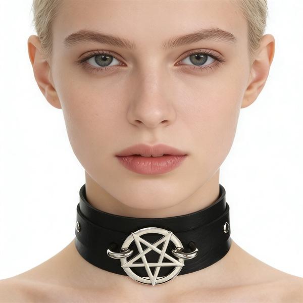 Unisex European Punk Black Leather Choker with Metal Chain and Lock Pendant.