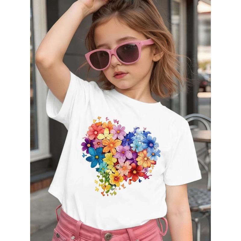 Girls Summer Crew Neck Short Sleeve T-Shirt with Heart Shaped Colorful Floral Print