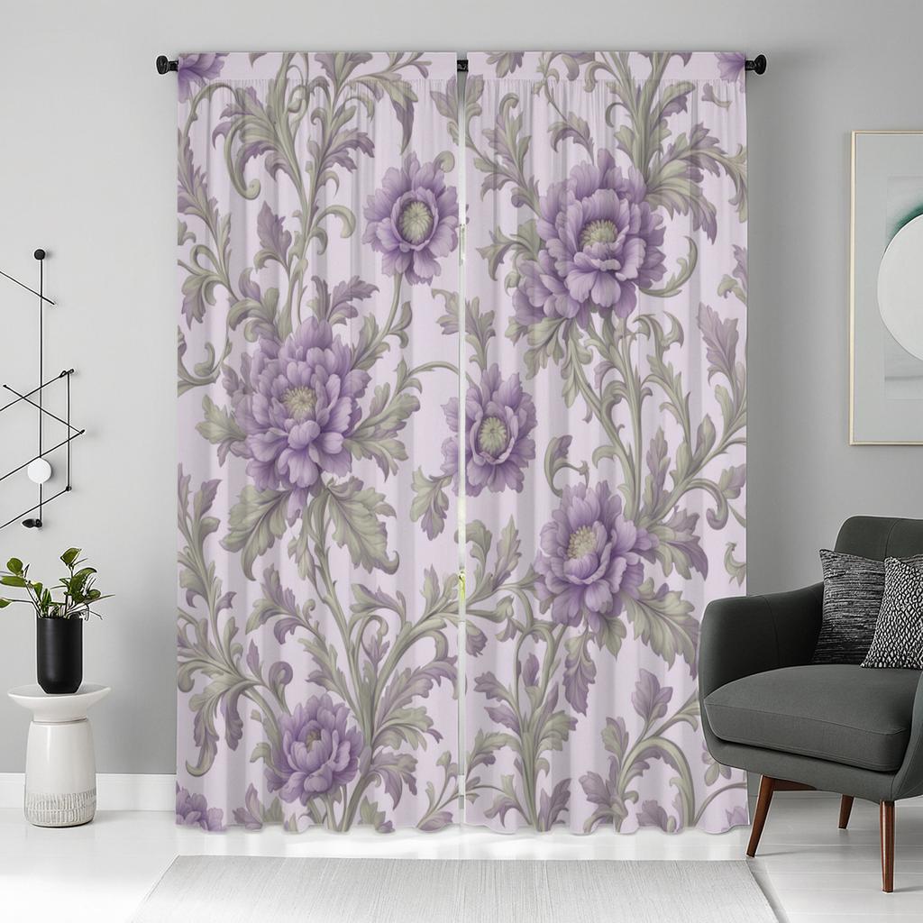 Lavender Floral Print Curtains Polyester Fabric Suitable Bedroom Living Room Decoration Curtain Made Of Washable Area Ready