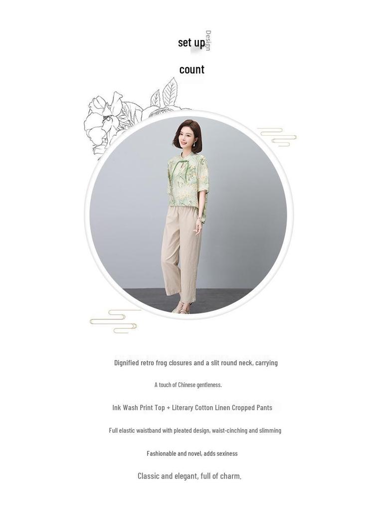 2024 Letní Dámský Národní Styl Bavlněno-Lněný Dvoudílný Set pro Křivky