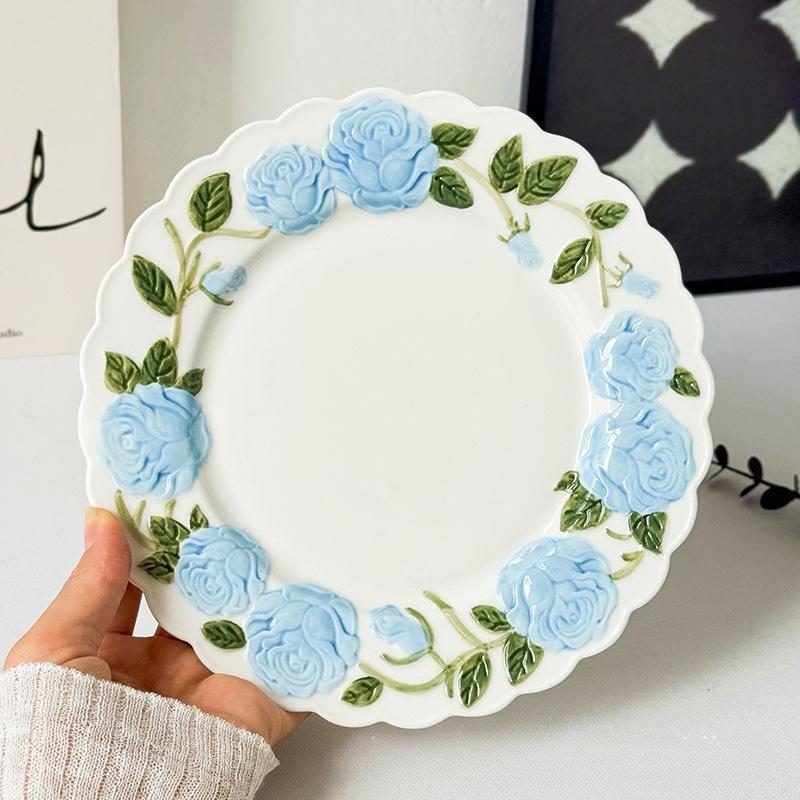 BRRose Flower Relief Dinner Plate Porcelain Dish 8 Inches Dessert Plate Restaurant Specialty Tableware Ceramic Disc Dinner PlatesEY