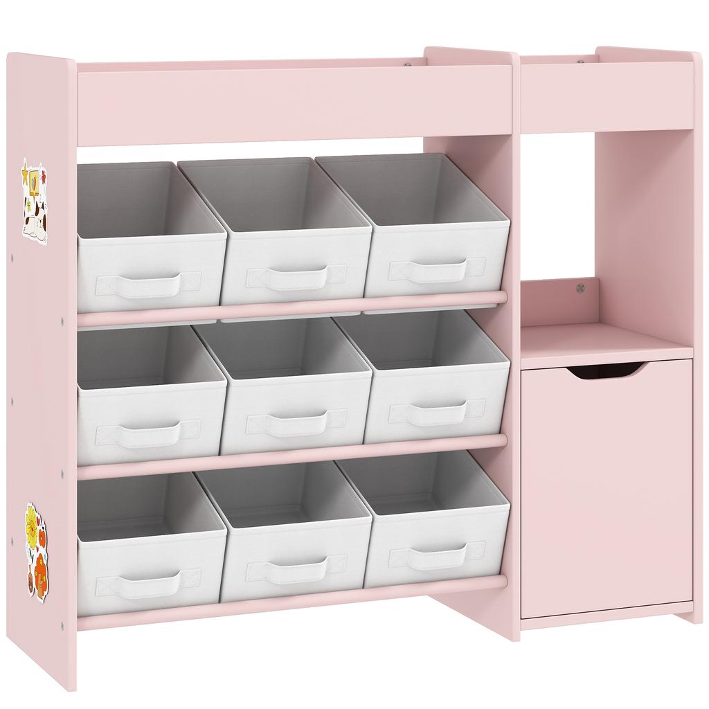 Kids Toy Storage, 9 Removable Fabric Bins, Wooden Toy Storage Units for Toys and Books for Bedroom, Nursery, Pink