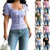 Women's Casual Solid Button Front Square Neck Short Sleeve T-Shirt Top Slim Fit Lightweight Stretchy Fabric