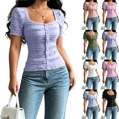 Women's Casual Solid Button Front Square Neck Short Sleeve T-Shirt Top Slim Fit Lightweight Stretchy Fabric