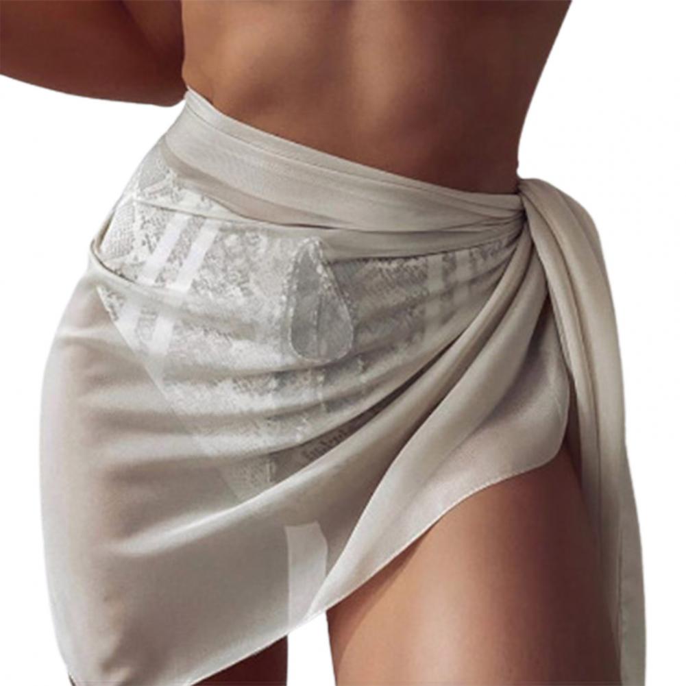 Women Short Swimsuit Cover Ups  Lace Up Net Yarn Beach Bikini Wrap Sheer Short Skirt Chiffon Scarf Cover Up Swimwear Beach Skirt