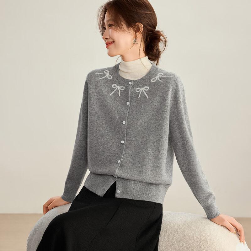 Shexi Women's 100% Wool Jacquard Knit Cardigan