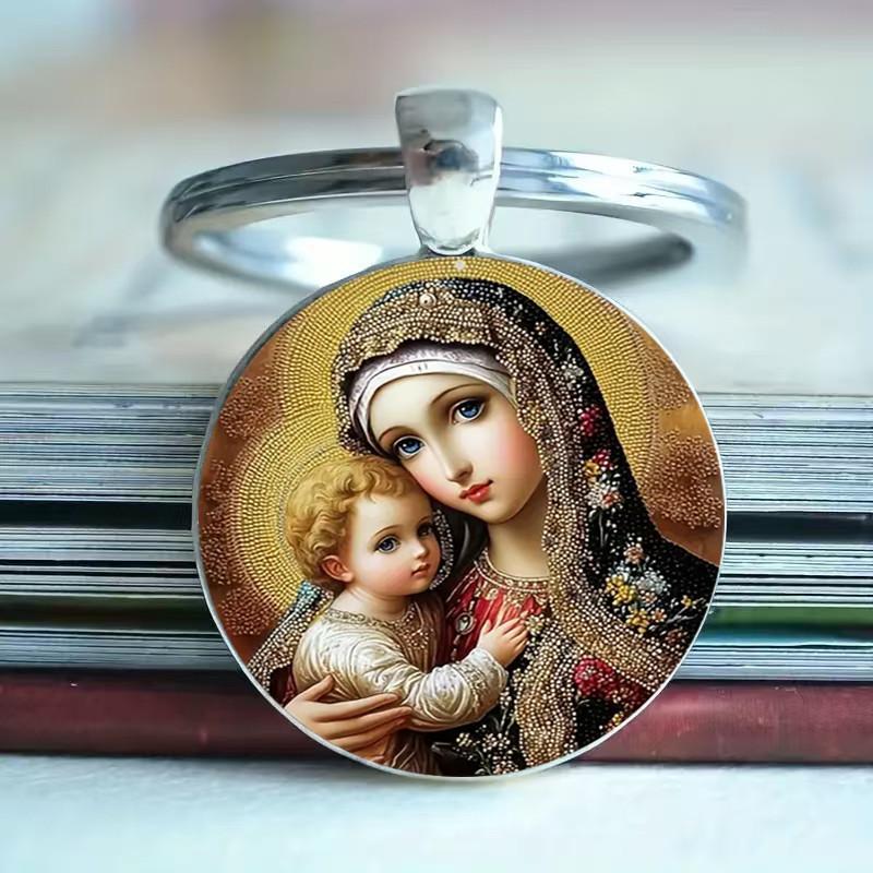 Virgin Blessed Mary Artistic Round Keyring Keychain For Faith Gifts Inspiration