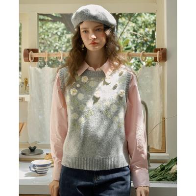  Autumn Women Sleeveless Vest Sweaters Style Embroidery Printing Knitting Casual Loose Short Sweater