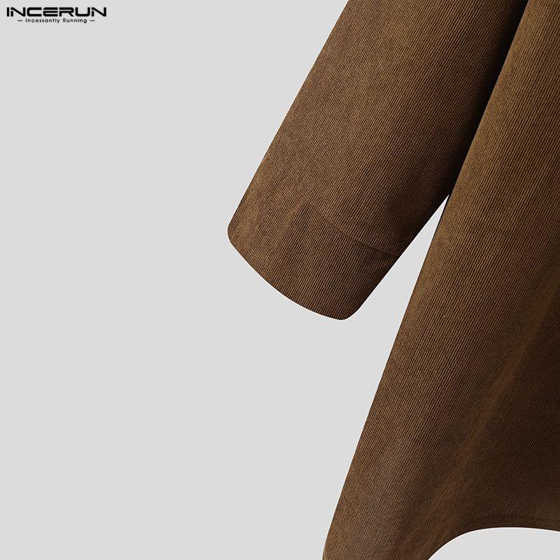 INCERUN Pánské podzimní topy a trička s dlouhým rukávem, s neobvyklým volným žebrovaným střihem a výstřihem s klopou