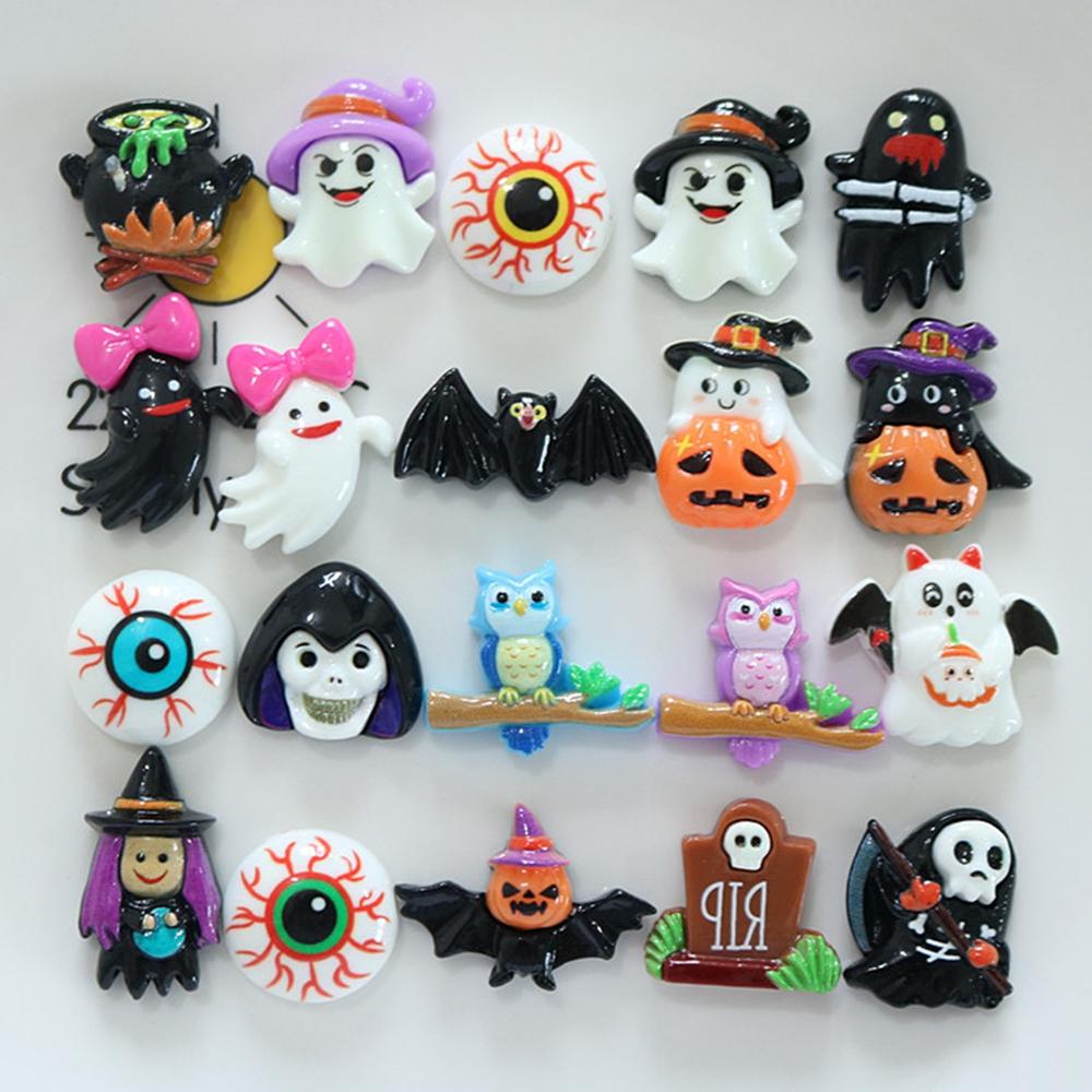 10Pcs Resin Colorful Kawaii Eye Bat Pumpkin owl Ghost Skull Figurines Flatback Stone DIY Bow Halloween Decor Scrapbook Crafts