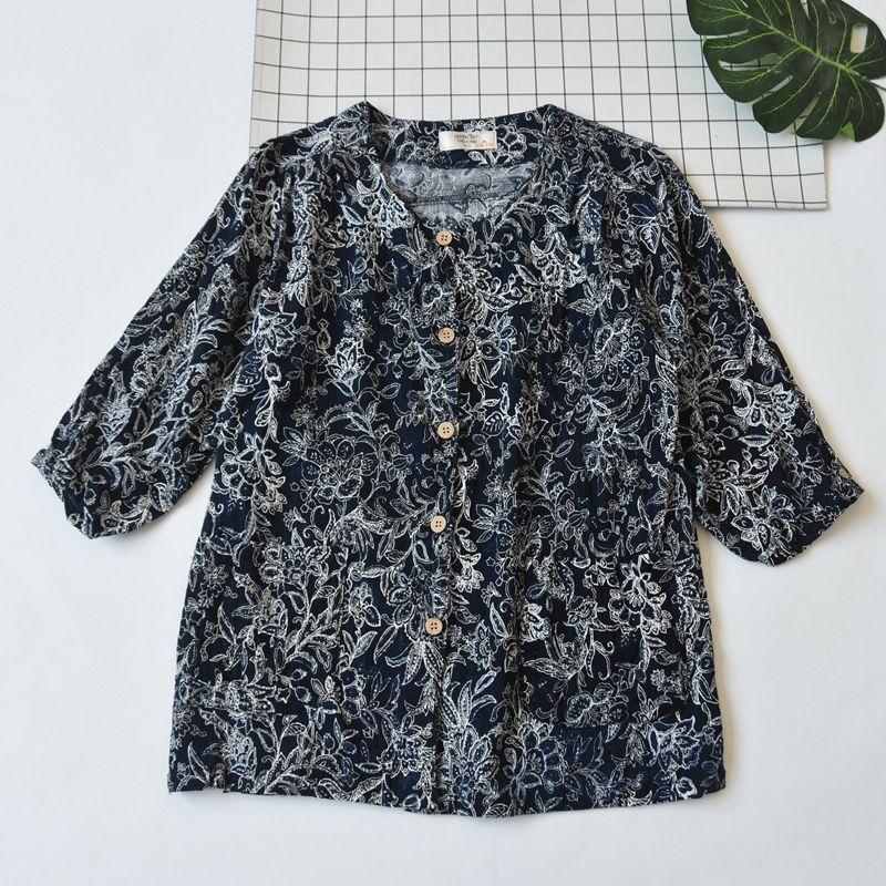 Japanese Single Women's Woven Pure Cotton Printed Homewear Pajamas Tops Summer Thin round Neck Shirt with Half Sleeve Can Be Outwear Cardigan